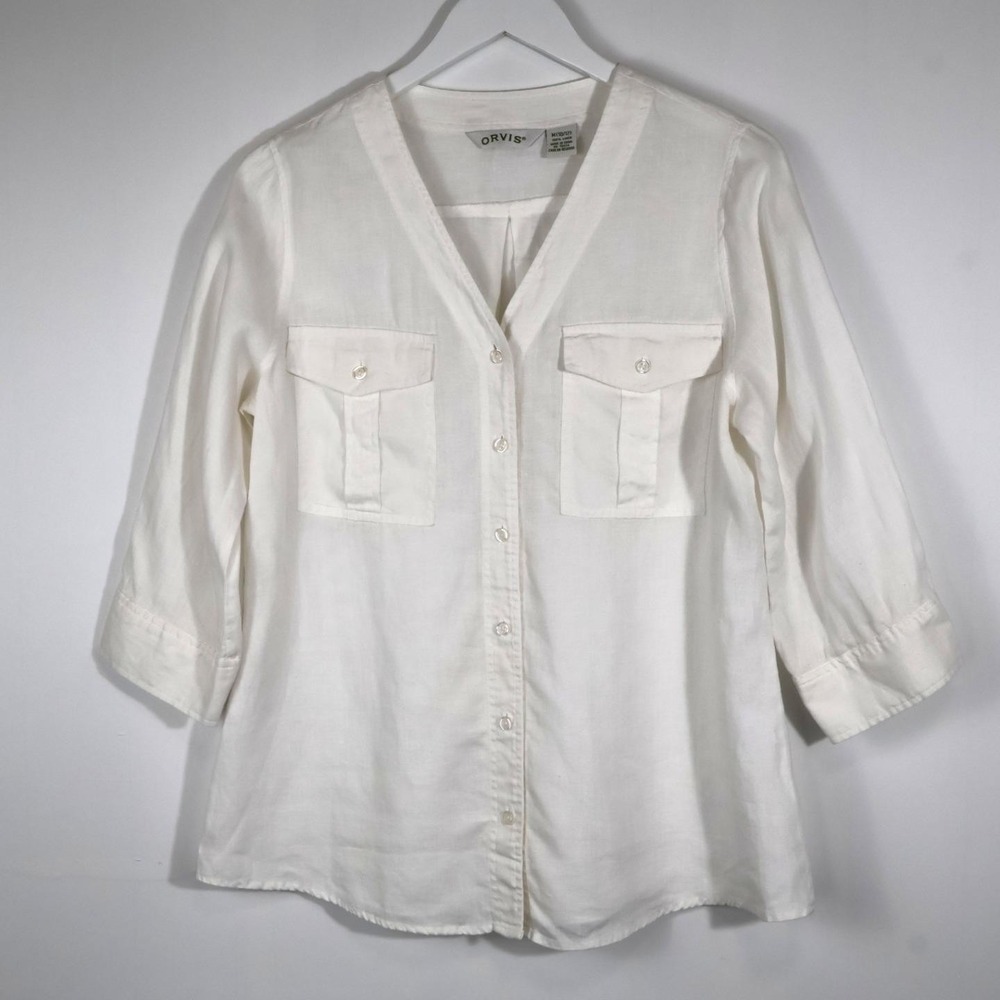 ORVIS Women's White Linen Shirt 3/4 Sleeves Pockets V-Neck Size Medium 10/12